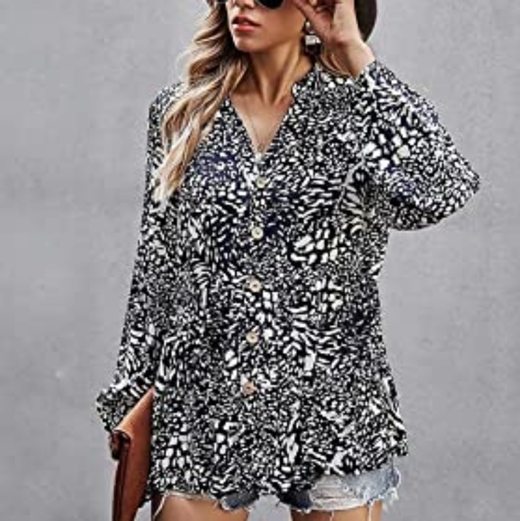 🔥 Womens Casual Tunic Tops Floral Print Button Down Shirt Flowy V-Neck - Picture 3 of 5